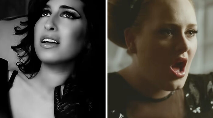 Black and white Amy Winehouse and color Adele, both singing passionately. Compare your taste in music.