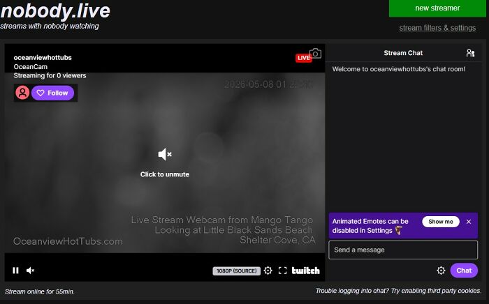 A nobody.live streaming page shows an "OceanCam" webcam. This is one of the most interesting websites for niche content.