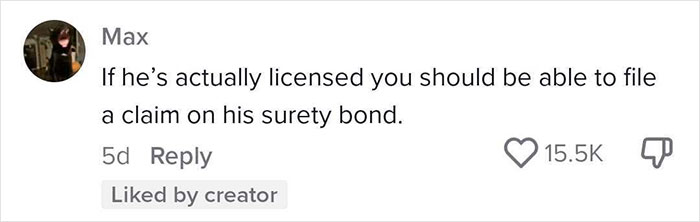 A comment by Max suggests filing a claim on a licensed contractor's surety bond, offering advice for a woman dealing with an expensive contractor.