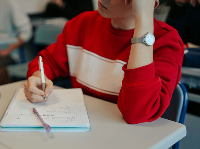 Person in red sweater writing notes with pen on notebook in classroom setting glitch in the matrix