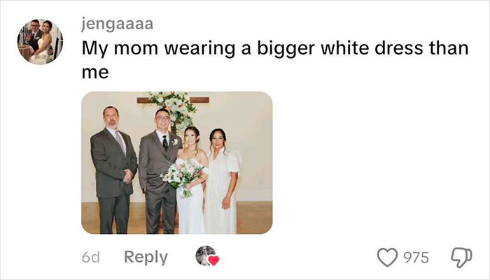 A social media post with a photo of a wedding party, showing the mother wearing a large white dress. A social media post with a photo of a wedding party, showing the mother wearing a large white dress.