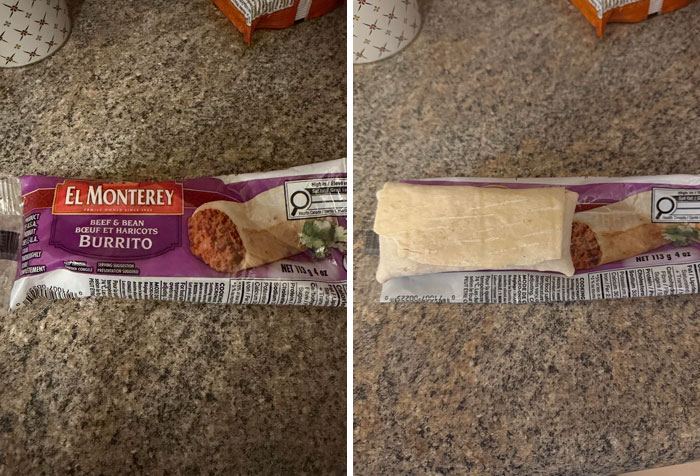 El Monterey beef and bean burrito shrinkwrapped with smaller burrito inside packaging