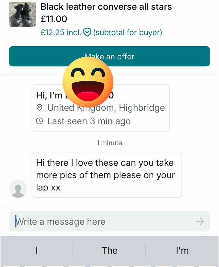 Vinted message asking for more pictures of black leather Converse shoes on seller's lap