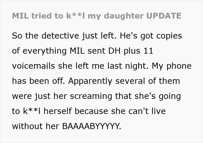An update to a post about a MIL's refusal to believe allergies, detailing police involvement and MIL's voicemails.