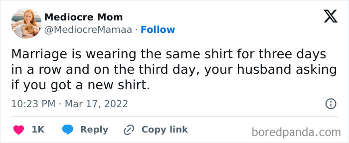 Funny tweet about married life and wearing the same shirt for three days