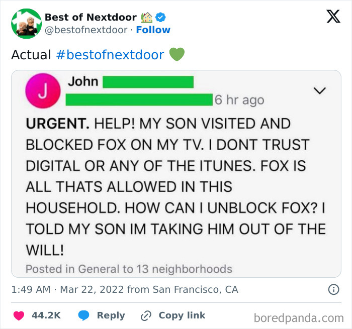 Neighbor asks for help to unblock Fox on TV in neighborhood conversation