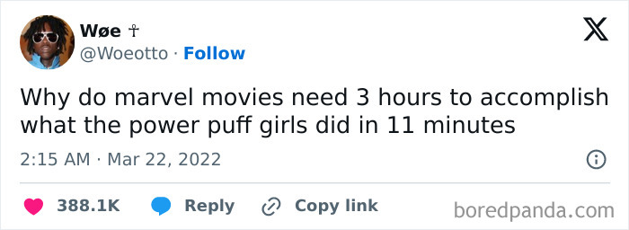A humorous tweet comparing Marvel movies runtime to The Powerpuff Girls, part of hilarious cinephile tweets.