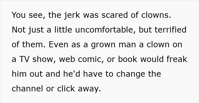 Text describing the partner's clown phobia, justifying the fianc&eacute;e's lesson. This builds on the clowns keyword.