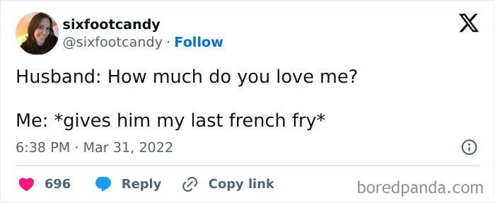 Humorous married life tweet about sharing the last french fry with husband
