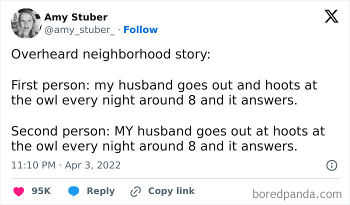 Overheard neighborhood story about husbands hooting at an owl nightly