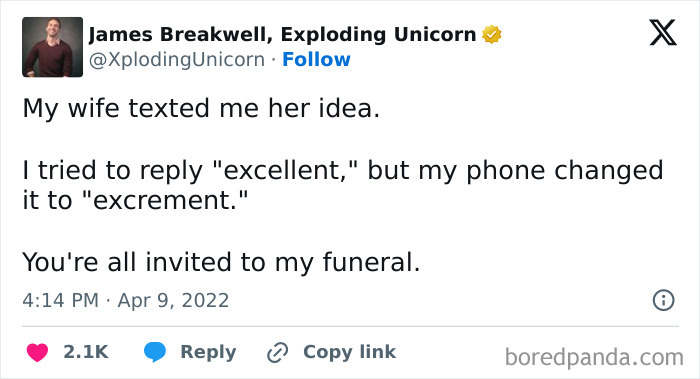 Humorous married life tweet about autocorrect changing excellent to excrement