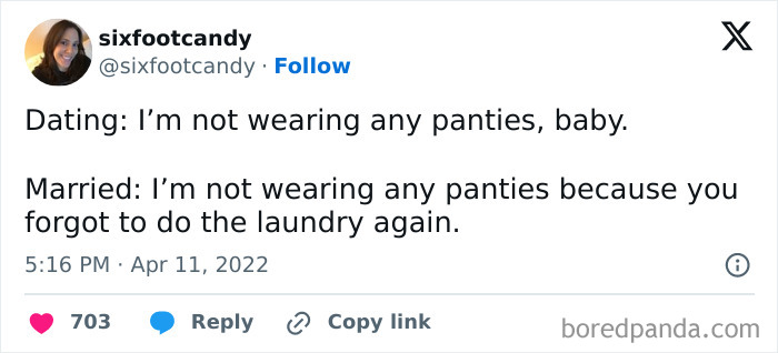 Funny tweet contrasting dating and married life about wearing panties