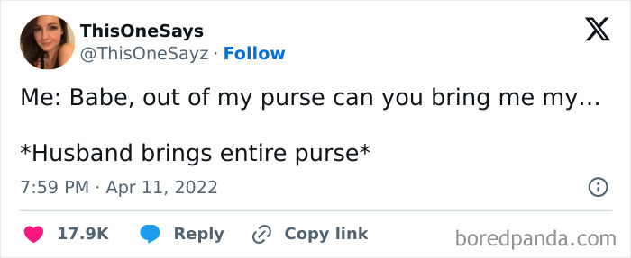 Hilarious tweet on married life with husband bringing entire purse instead of item