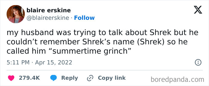 Funny married life tweet about husband calling Shrek summertime grinch