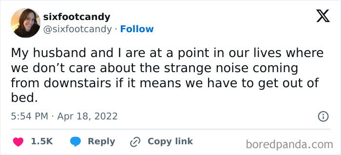 Married life tweet about ignoring strange noises to avoid getting out of bed