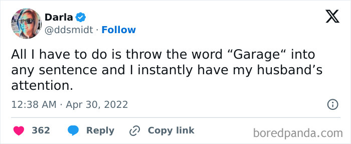 Tweet about getting husband's attention by mentioning garage