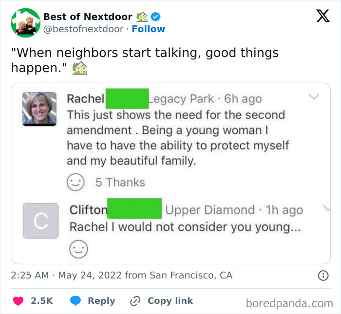 Funny neighbor comments on Second Amendment and age in neighborhood conversation