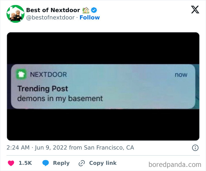 Trending neighborhood post alerts about demons in basement