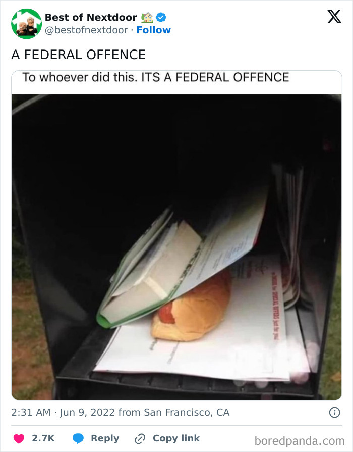 Mail slot photo showing a hot dog in mailbox labeled a federal offense