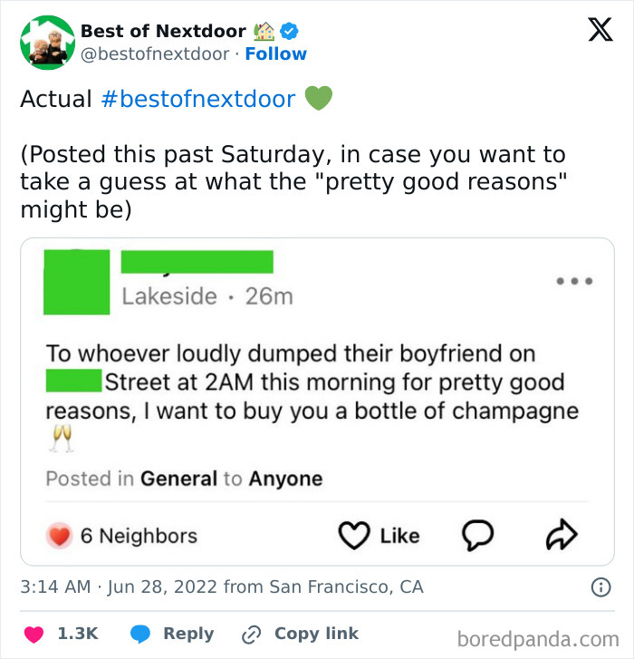 Neighbor praises someone dumping boyfriend at 2AM with a champagne offer on social media