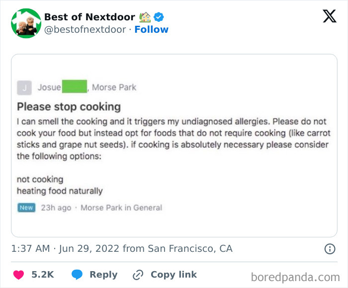 Neighbor asks others to stop cooking due to allergies and suggests no-cook food options