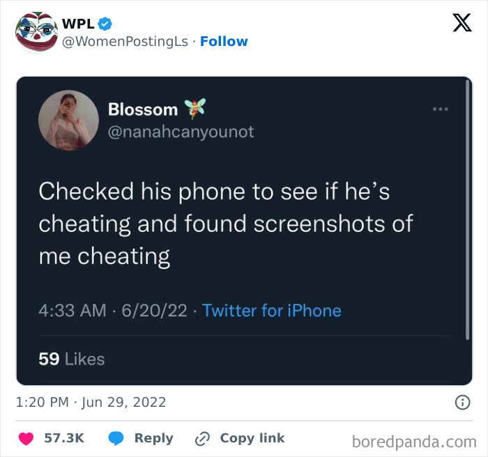 Tweet about finding screenshots of cheating on phone