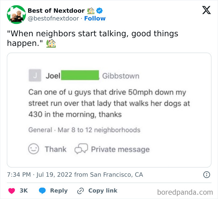 Funny neighbor complaint about speeding and early morning dog walker