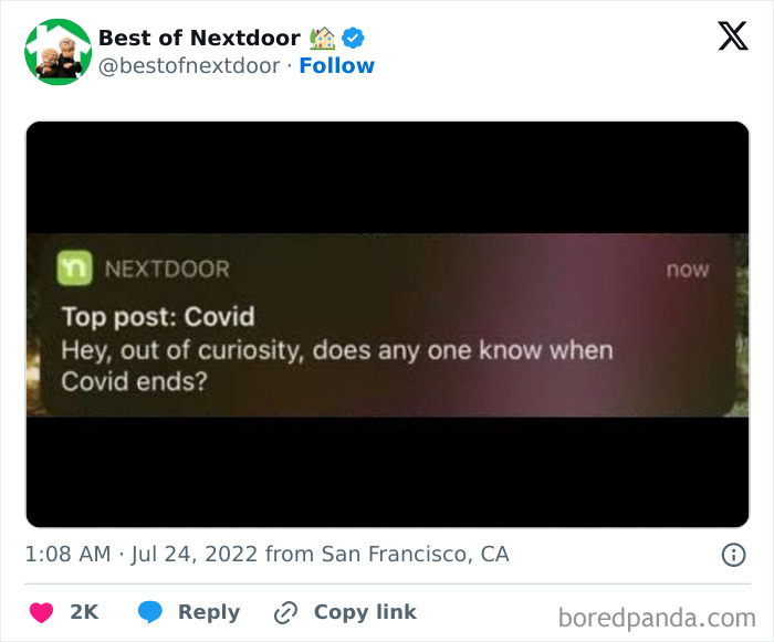 Nextdoor post humorously asking when Covid will end in a neighborhood group
