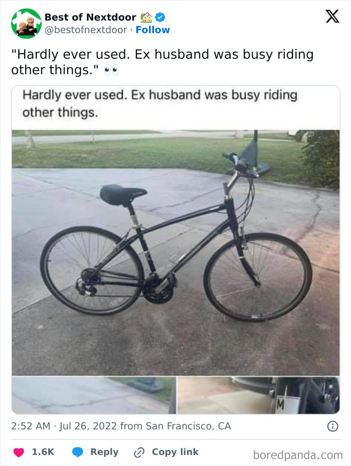 Bicycle for sale with note saying ex-husband was busy riding other things nearby