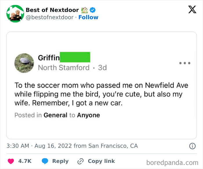 Funny message from man to soccer mom neighbor after road incident