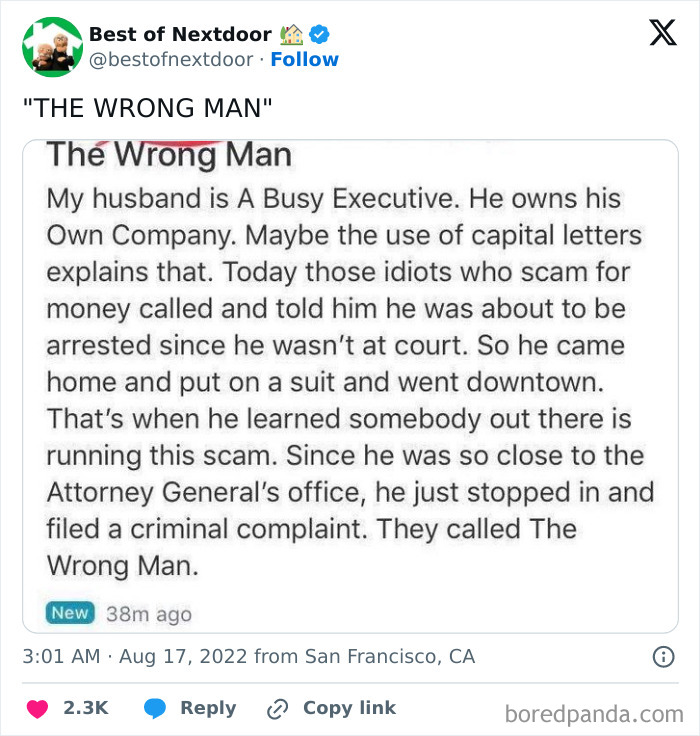 Neighbor story about a busy executive exposing a scam in the neighborhood