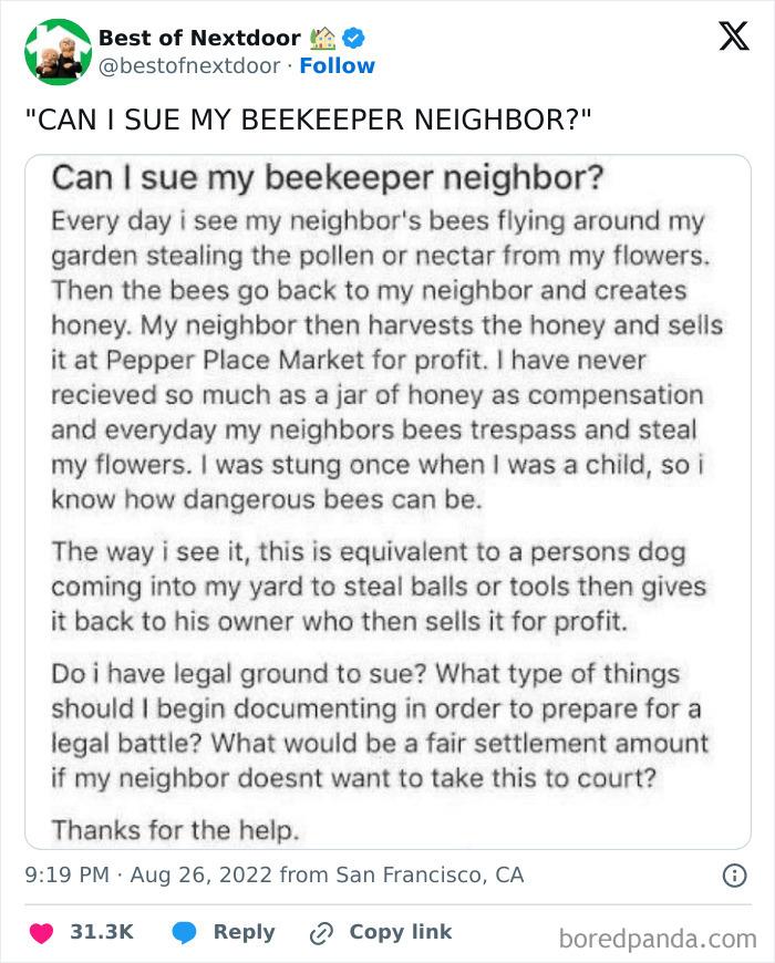 Neighbor asks about suing beekeeper for bees stealing pollen from garden