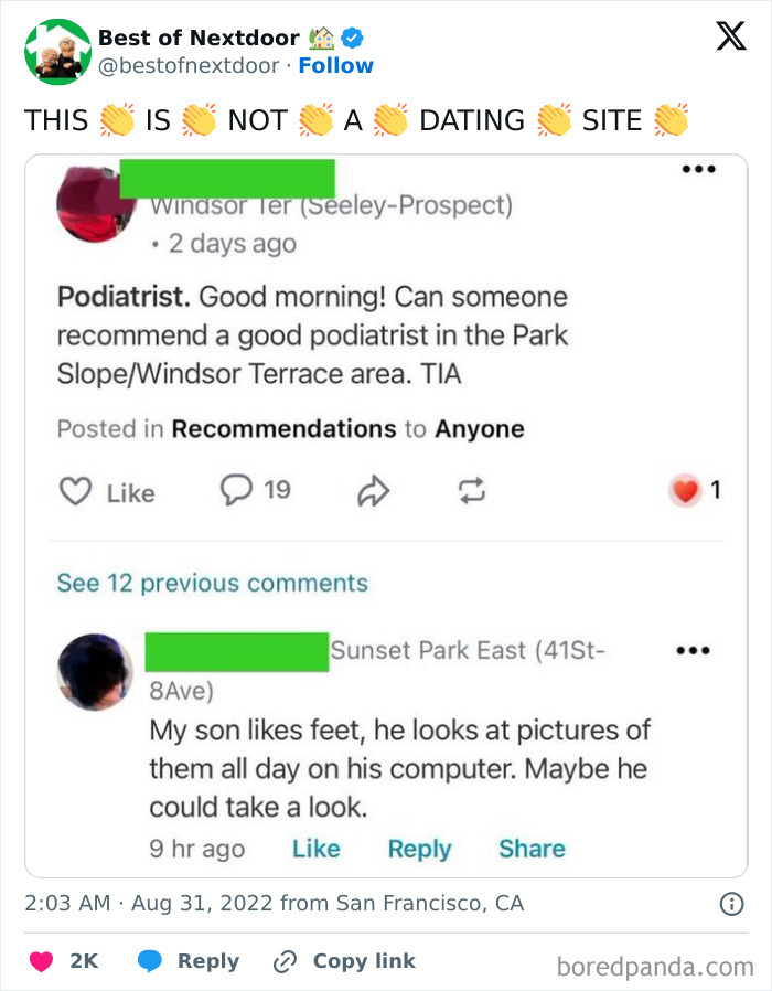 Neighbor asks for podiatrist recommendations with unusual reply about feet