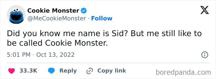 Screenshot of Cookie Monster's tweet revealing his real name is Sid
