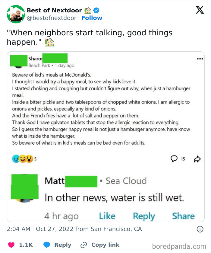 Nextdoor neighbor warns about kids meals at McDonald's affecting allergies