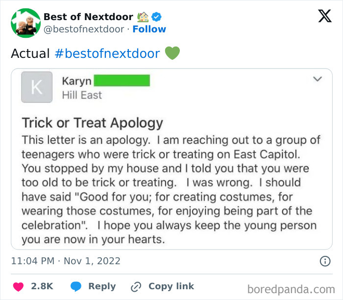 Nextdoor trick or treat apology letter from neighbor about Halloween costumes
