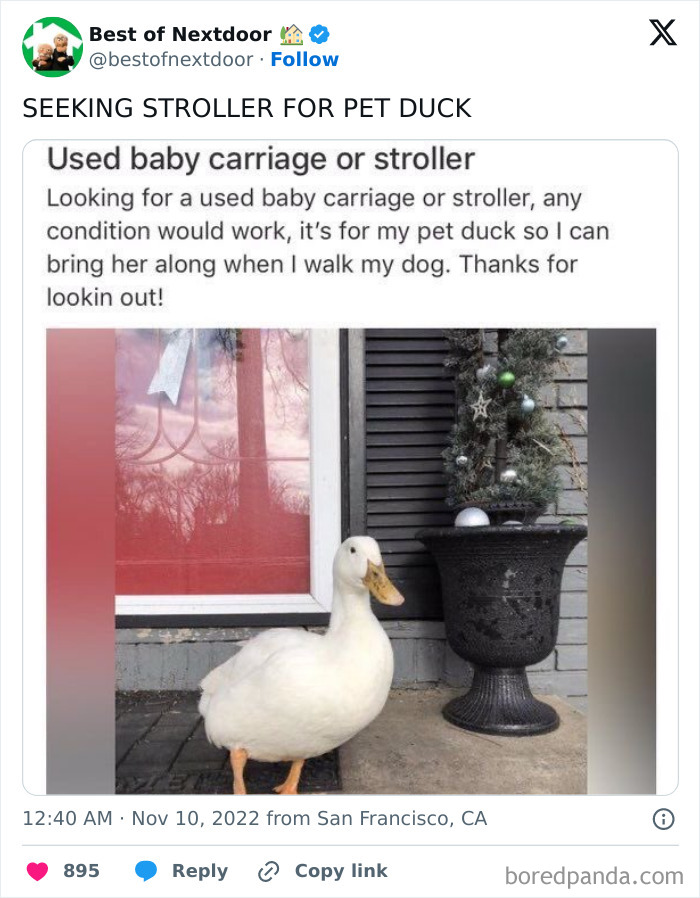 Nextdoor post seeks used baby stroller for walking pet duck in neighborhood