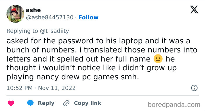 Tweet revealing cheating discovered via laptop password with encoded name