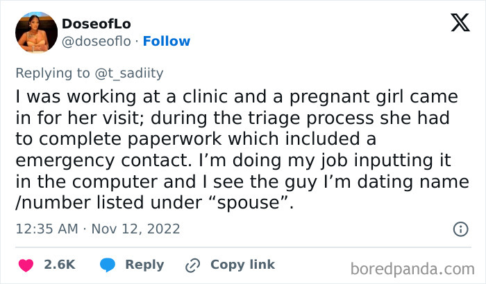 Tweet about finding out cheating from emergency contact info at clinic