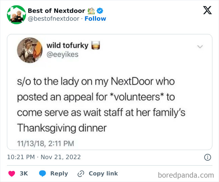 Volunteer appeal posted on neighborhood app for serving at a family Thanksgiving dinner
