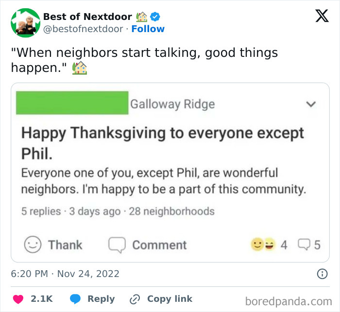 Funny neighbor message wishing Happy Thanksgiving to everyone except Phil in neighborhood.