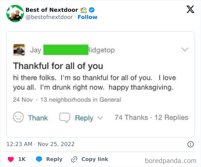 Thankful message from neighbor expressing love and gratitude