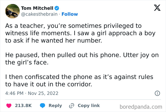 Teacher shares real-life plot twist witnessing a boy and girl moment in school