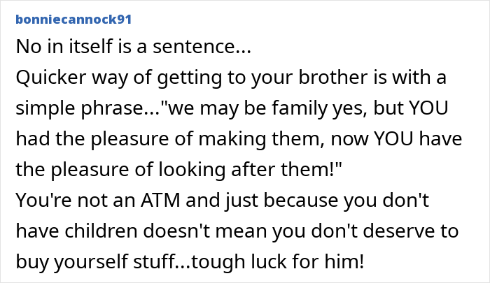 Comment suggests telling brother he must care for his own kids