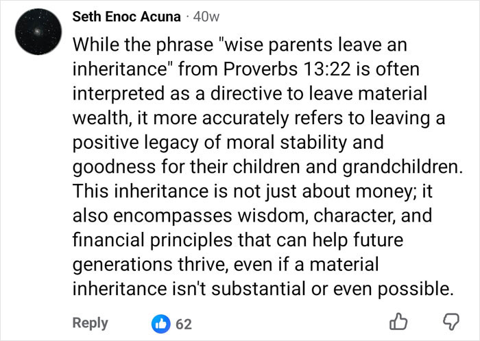 Comment on inheritance as positive legacy beyond money in financial advice debate Comment on inheritance as positive legacy beyond money in financial advice debate