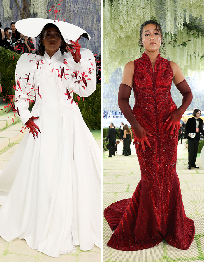 Two celebrities in elaborate, avant-garde gowns; one in white with red accents, the other in a red sequined dress. Worst dressed stars at Met Gala 2026.