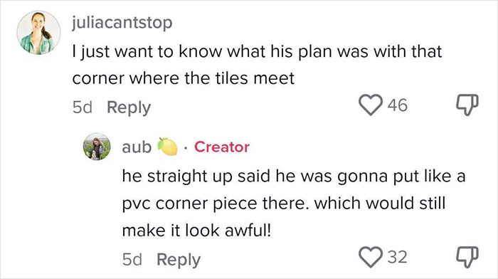 Woman horrified by contractor's awful tile work, discussing the expensive contractor's poor planning in a social media comment section.