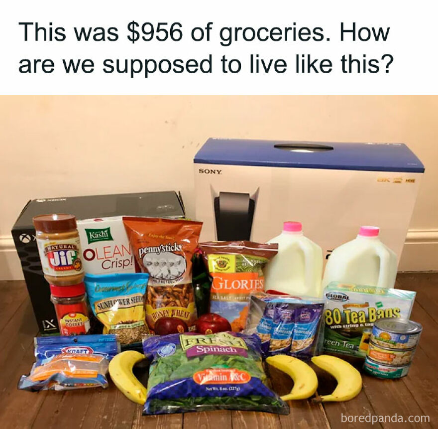 Groceries and electronics costing 956 dollars on table