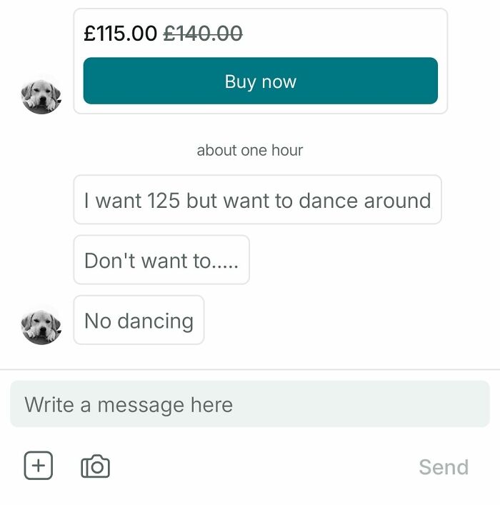 Screenshot of Vinted chat with confusing price and dancing comment