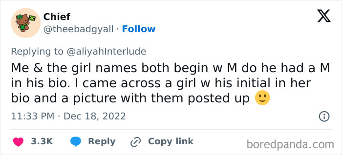 Tweet about discovering cheating involving matching initials in bios